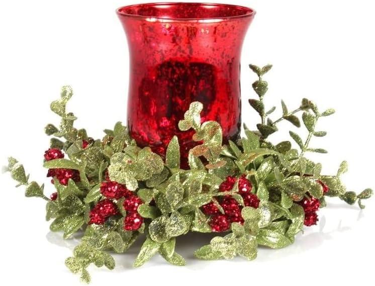 Ganz Kissing Krystals Small Red Mecury Glass Hurrican Candle Holder and Mistletoe Set