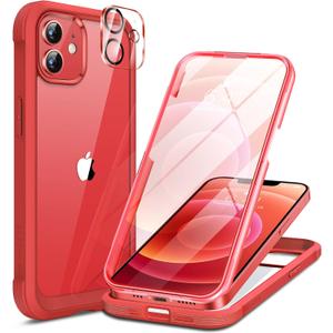 Miracase Glass Series for iPhone 12/12 Pro Case 6.1 inch, Upgraded Full-Body Rugged Phone Bumper Case Cover with Built-in 9H Tempered Glass Screen Protector and Camera Protector, Red