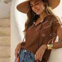 SHEWIN Womens Blouses Boho Summer Tops Cap Short Sleeves V Neck Chiffon Casual Elegant Geometric Printed Shirts (Brown, L)