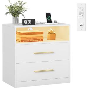 VASAGLE Custos Collection - 23.6 Inch Wide Nightstand with Charging Station, LED Lights, Modern Night Stand, Side End Table with Drawers, Open Shelf, 2 AC Outlets USB Ports, Cloud White