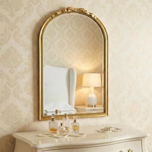 Large Vintage Arched Champagne Gold Bow Wall Mirror 24"x39" | Baroque, Twisted Rope Metal Frame, Carved Bow Design, Antique French Ornate Mirror for Entryway/Hallway/Bathroom