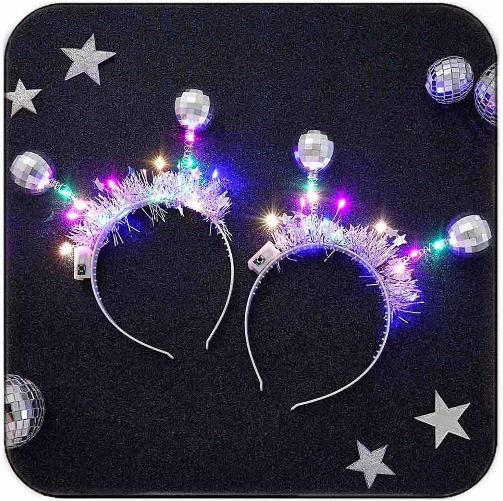 DRESBE Light Up Disco Ball Headbands Silver LED Alien Headband Glow Party Hair Accessories for Women(2pcs) (Free Size)