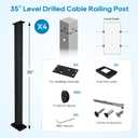 Level Drilled Cable Railing Post 36" (35"X2"x2"), Stainless Steel Black Square Deck Railing Post Flat Bracket, Pre-Drilled Level Holes Railing Post for Horizontal Cable System, Surface Mount Posts(4P)
