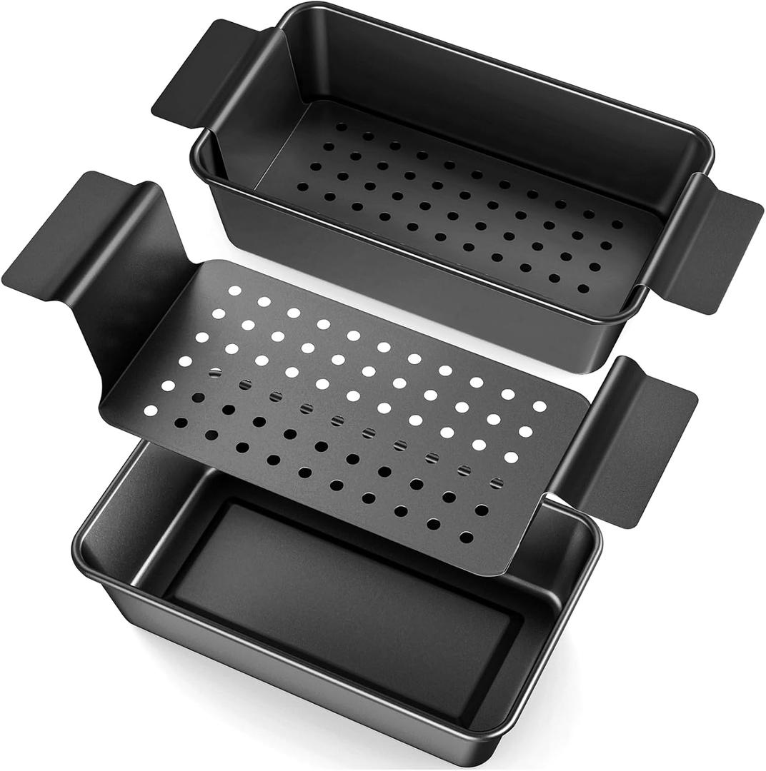 TLAZZ 2 Pack Meatloaf Pan with Drain Tray, Non Stick Meat Loaf Pan with Drip Tray, 9.4 x 5.5 Inch Loaf Pan for Baking Bread and Meatloaf, 9.8 x 5.7 inch