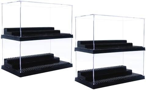 WMM Minifigure Display Case for Action Figures Blocks, Dustproof Acrylic Display Box Storage with 3 Movable Steps for Collection Models Minifigures, Bricks Blocks Toys (Large 4 Pack, Black)