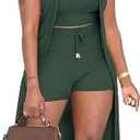 Womens Shorts Set 3 Piece Lounge Outfits Set Ribbed Long Cardigan Crop Tank Casual Sets