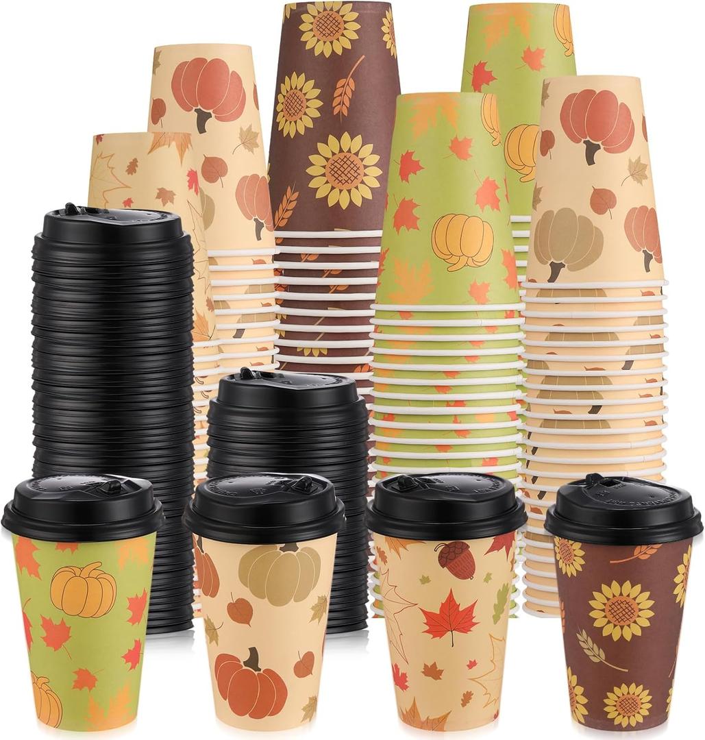 Zopeal 100 Pieces Thanksgiving 12 oz Disposable Coffee Cups with Lids Paper Hot Cup 4 Fall Design Patterns Cute Cups for Hot Tea Beverage Water Juice Dinner Wedding Event Holiday Decoration