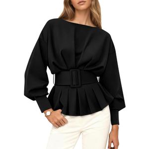 Burtell Boat Neck Long Sleeve Shirts Tops For Women Slim Fit Crew Neck Ruffle Pullover Sweatshirt Fall Peplum Tops with Belt (Black, M)