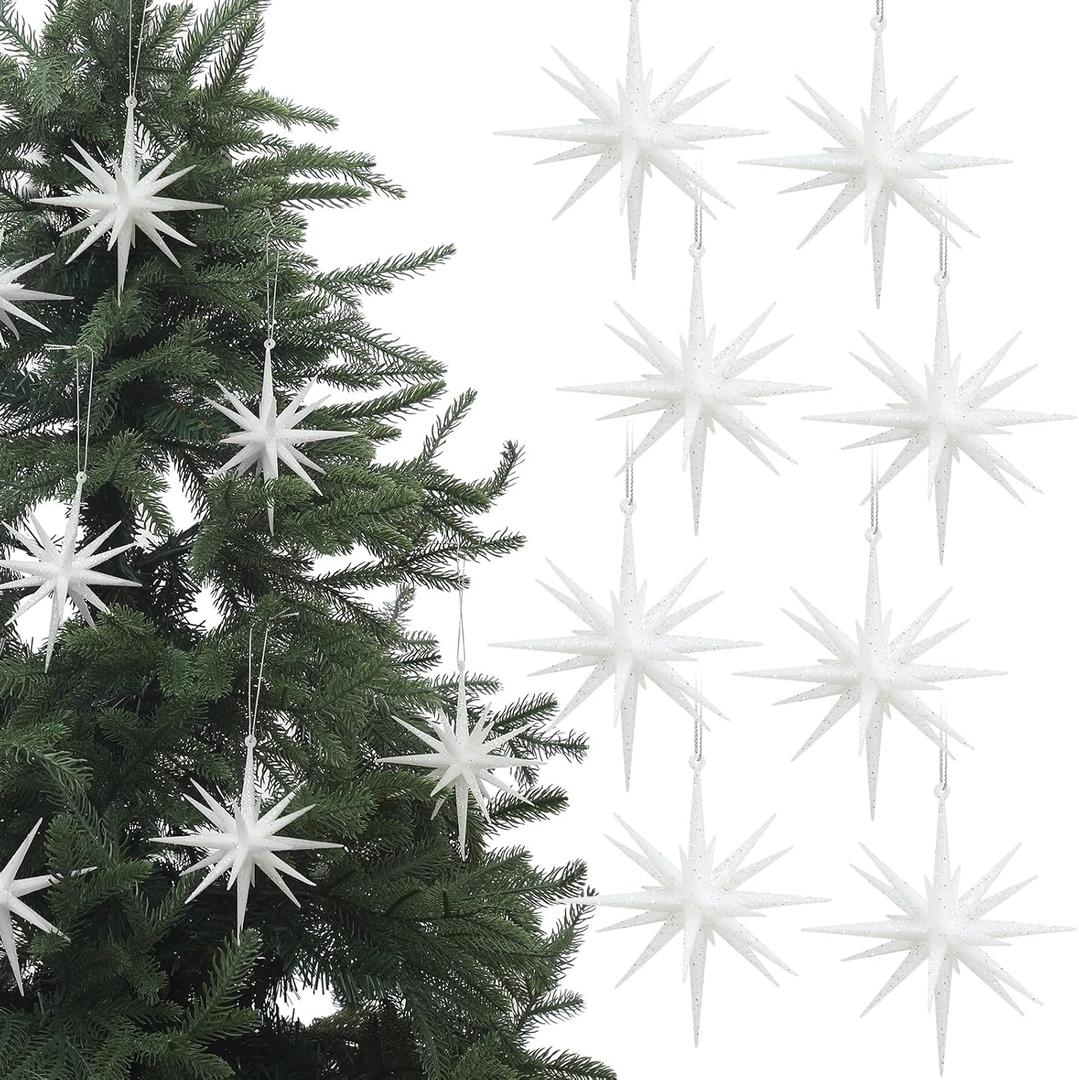 6 Inch Set of 8 Glitter Large Star Hanging Ornaments Christmas Tree Decorations Plastic Festive Embellishments Pendant, Shiny Holiday Decor (White)