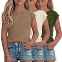 Oakgarden 3 Pack Girls' Cap Sleeve Shirts, 3-Color, 11-12 Years