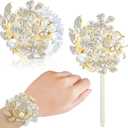 Yunsailing 2 Pcs Rhinestone Wrist Corsage and Boutonniere Set - Artificial Flower Corsage Wristlet for Wedding Prom Homecoming Bridesmaid Bridal Shower Anniversary Formal Event(Gold Ivory, Pearl)