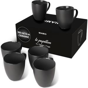 MIAMIO - Set of 6 Stoneware Coffee Mugs 12 Ounce/Cup Set - Le Papillon Collection (Black)