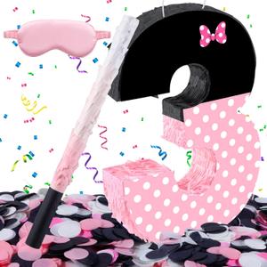 15.7 x 11.5 x 3 Inch Pink Bow Number 3 Pinata,Pink Bow Birthday Decorations, Fillable Hanging Piata with Stick Blindfold Confetti for Girls Boys 3rd Anniversary Party Decorations