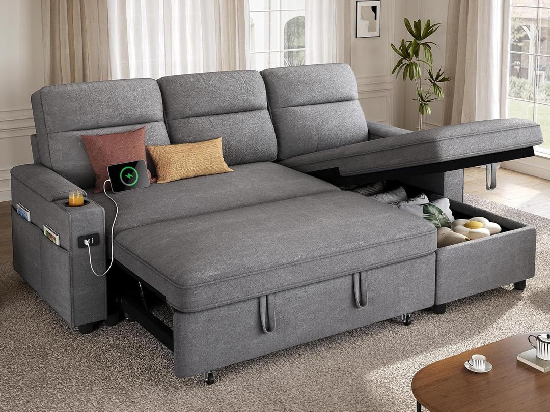 YITAHOME Sectional Sleeper Sofa with Pull Out Couch Bed, 81" Convertible Sleeper Sofa with Adjustable Backrest, Sofa Bed Sleeper Couch with Armrest & USB Port, Grey
