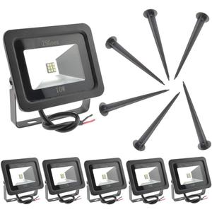 6 Pack Cool White 10W LED Flood Light Outdoor Waterproof IP65, Wall Security Landscape Lamp, Home, Square, Yard, Garage, Street, Pathway, Spike Stand, Low Voltage 12V 24V 36V 48V 60V DC AC