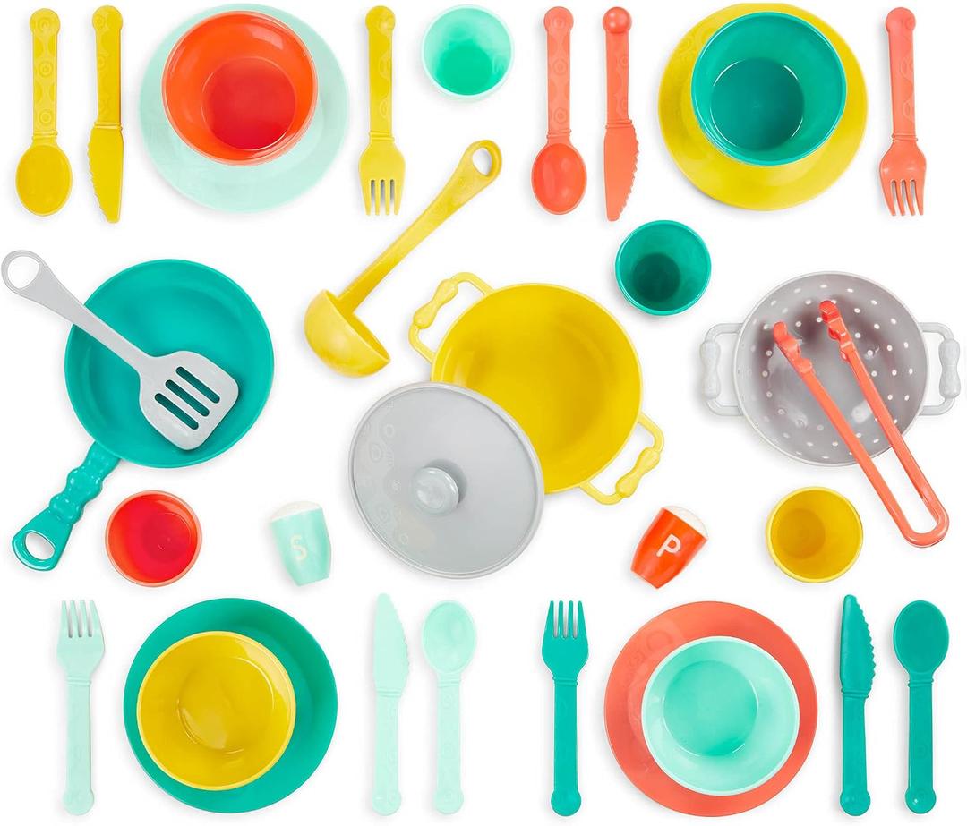 B. toys Play Kitchen Accessories Cookware, Dishes, Utensils 33 Pieces Play Set for Kids Pretend Play Toys 3+ Years Mini Chef Kitchen Set, Child-size