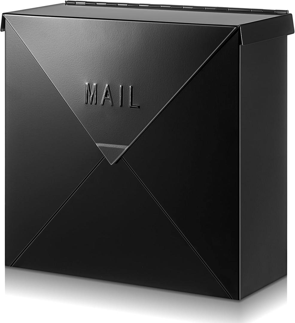 Yaocom Wall Mount Mailbox for Outside 10 x 10 x 4 Inch Large Capacity Mail Box Metal Mailboxes Hanging Modern Post Box (Black)