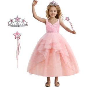 Kids Pink Witch Costume for Girls Bubble Dress Pink Mesh Sequin Outfits with Accessories 150