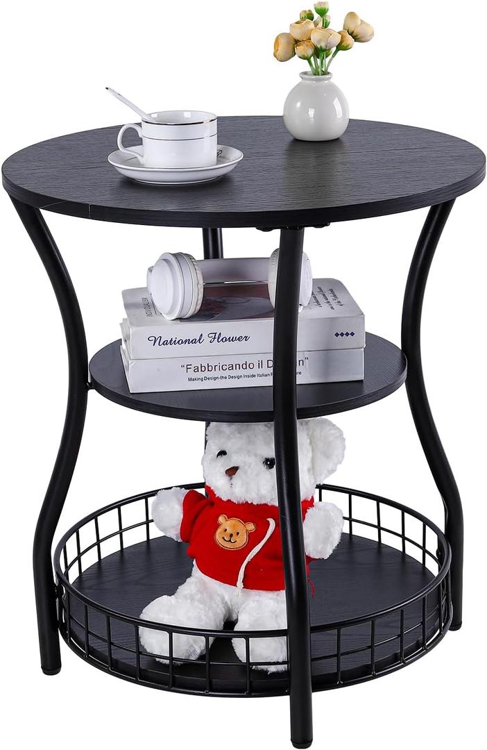 Round Side Table, 3-Tier Accent End Table with Storage Shelf, Corner Sofa Beside Table for Small Spaces,Nightstand with Metal Frame for Living Room, Bedroom (Black)