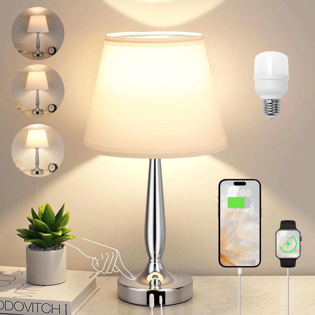 Kakanuo Touch Table Lamp for Bedroom, Small Bedside Lamp with USB C Charging Port, 3 Way Dimmable Touch Control Nightstand Lamp for Living Room and Office, White Shade and Silver Base