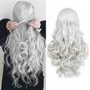 Sallcks Women's Long Curly Wavy Silver Gray Wigs Cosplay Costume Halloween Wigs Synthetic Middle Parting Replacement Wig
