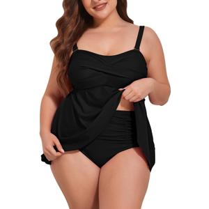 Kisscynest Women Plus Size Tankini Swimsuits Two Piece Flowy Swimdress Tummy Control Bathing Suit, 4XL (Black)