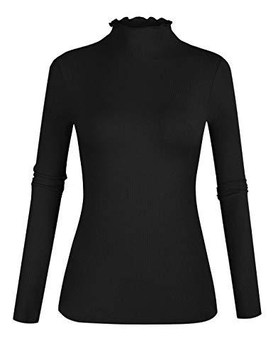 POPZONE Women's Lettuce Trim Mockneck Long Sleeve Slim Fit Ribbed Knit Tee Shirt (Black, Medium)