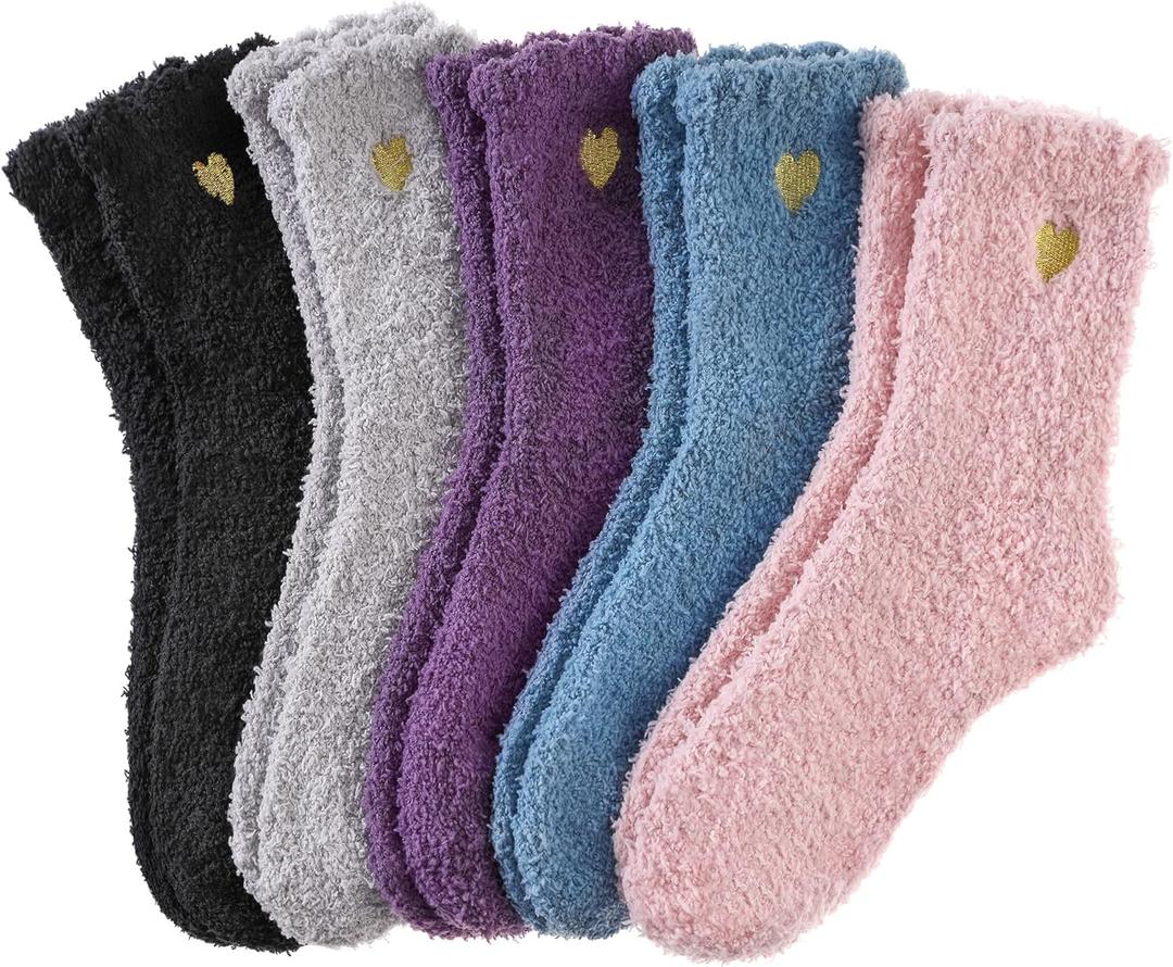 MQELONG Womens Super Soft Fuzzy Cozy Home Sleeping Socks Microfiber Winter Warm Slipper Socks (One Size, 5 Pairs Hearts)