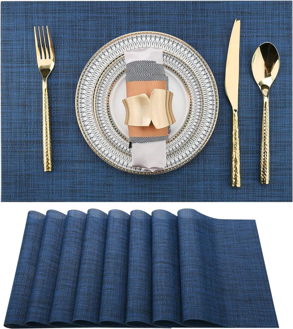 SLKQG Navy Blue Placemats Set of 8 - Easy Clean Washable Vinyl Placemats - Wipeable Heat Resistant Table Mats for Dining Table - 17x12 Inch (Navy Blue, 8)