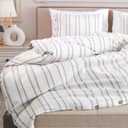 Lavien Home, 100% Cotton Duvet Cover Set, Striped with Stitch Pattern King Size, 3-Piece Linen Like and Washed Natural Turkish Cotton Bedding, Antique White (Hiera, King 104x90)