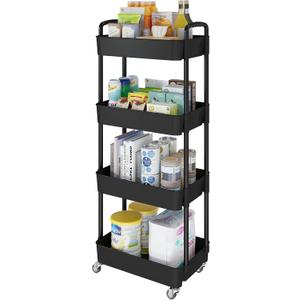 Laiensia 4-Tier Rolling Cart with Wheels,Multifunction Utility Storage carts, Kitchen Storage Organizer, Mobile Shelving Unit for Bathroom,Laundry, with Classified Stickers, Black