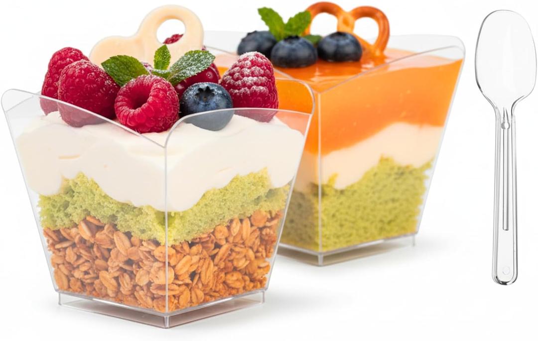 ZENFUN 100 Pack 4 oz Square Plastic Dessert Cups with Spoons, Clear Parfait Appetizer Cups, Mini Party Trifle Shooter Serving Cup for Mousse, Puddings, Cocktails Appetizers Fruit
