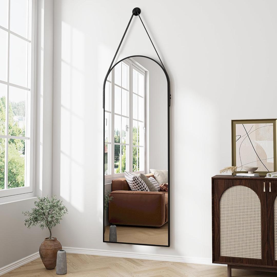 Full Length Mirror, Arched Wall Mounted Mirror, 48"x16" Door Mirrors with Hanging Leather Strap, Wall Mirrors Full Length with Aluminum Frame for Bathroom Living Room Entryway (Black)