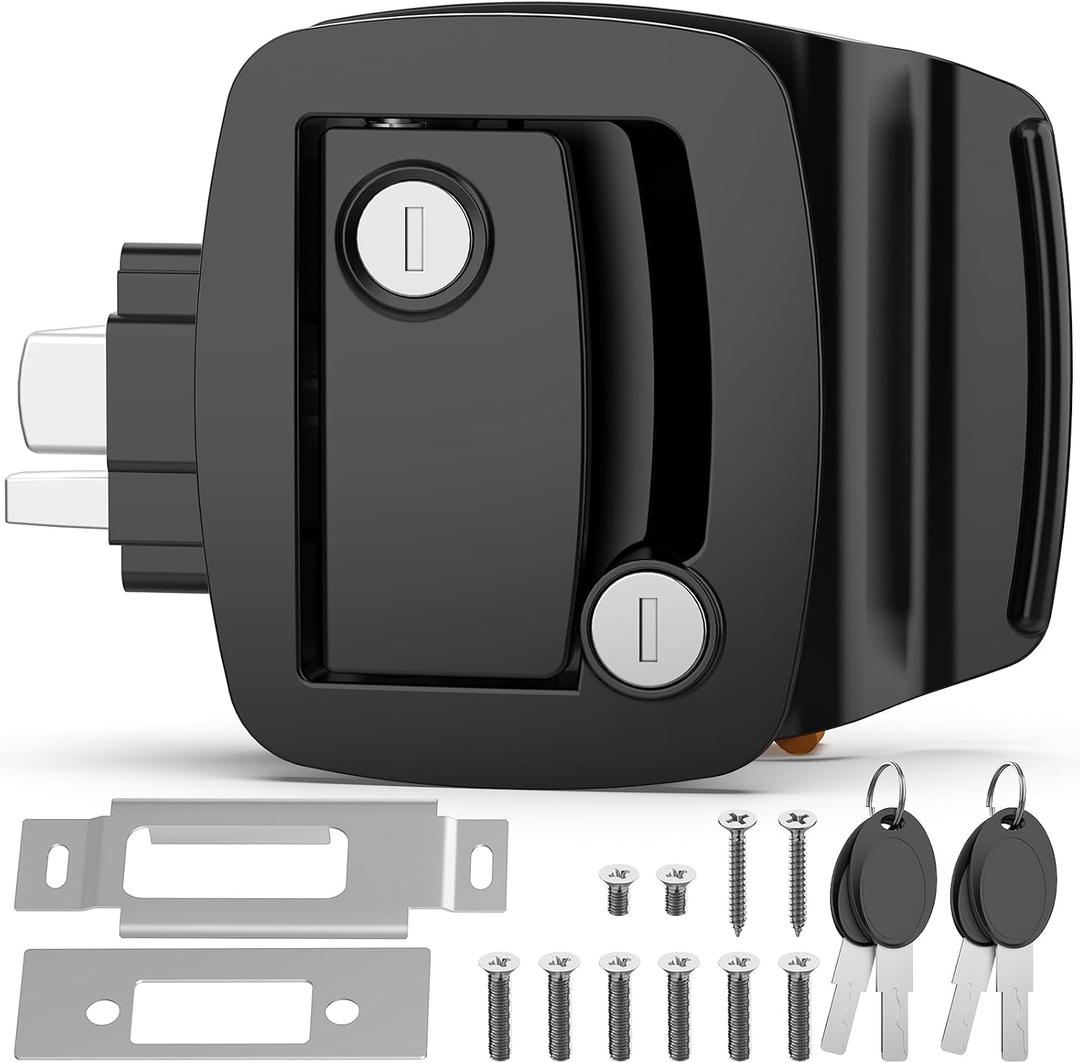PAULINN Black RV Door Lock Replacement, Upgraded 100% Metal Door Handle Latch with Paddle Deadbolt fits Camper, Travel Trailer, Horse, Cargo Hauler 4 Keys