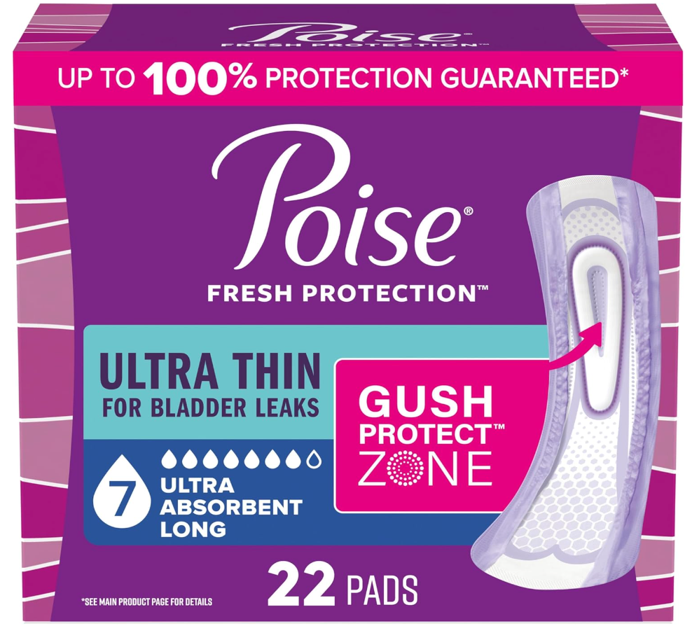 Poise Ultra Thin Incontinence & Postpartum Pads for Bladder Leaks, 7 Drop Ultra Absorbency, Long Length, 22 Count
