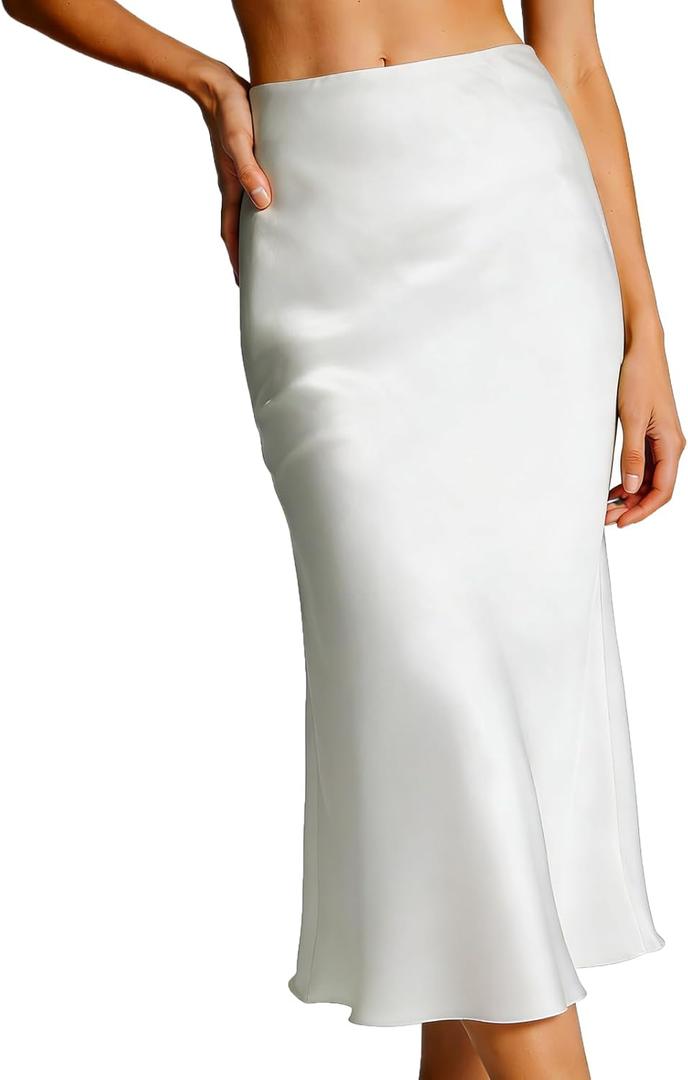 Bluetime Womens Satin Skirt Elastic High Waisted Silk Midi Skirts Dressy Casual A line Long Skirt (White, M)