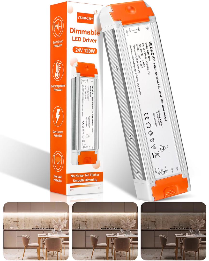  120W 24V Dimmable LED Driver,Triac Dimmable Transformer AC 120V to DC 24V 120 Watt Compatible with Lutron & Leviton Dimmer Switches, Dimmer Led Power Supply 24 Volt for Strip Lights