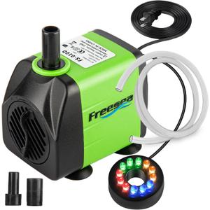 FREESEA Fountain Submersible Water Pump: 10Watt 160GPH Adjustable Aquarium Pump With LED Light 3.3ft Tubing for Outdoor Pond | Small Fish Tank | Waterfall (Black and Green)