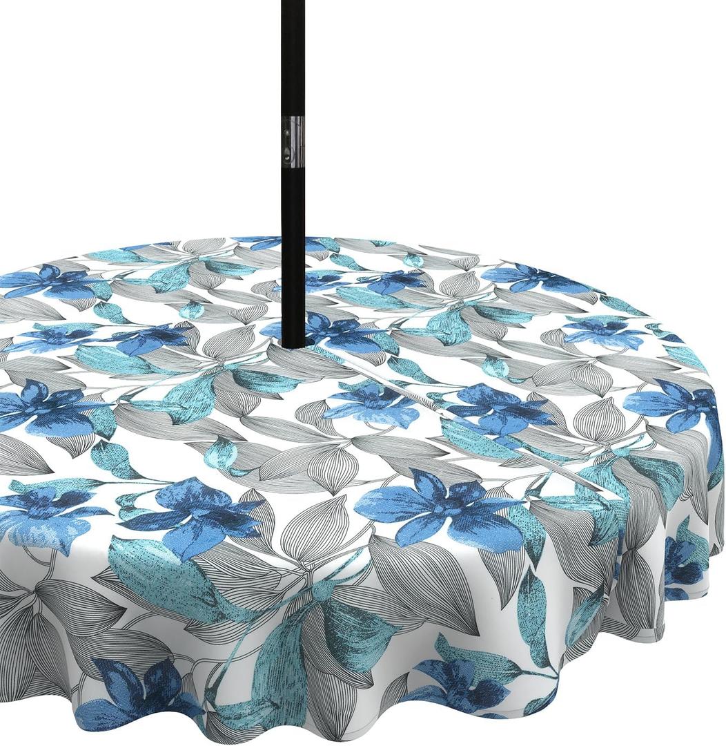 LVTXIII Outdoor Tablecloth with Umbrella Hole and Zipper, 60 Inch Water-Repellent Patio Table Cloth, Round Table Covers for Backyard Garden, Clemens Noir Blue