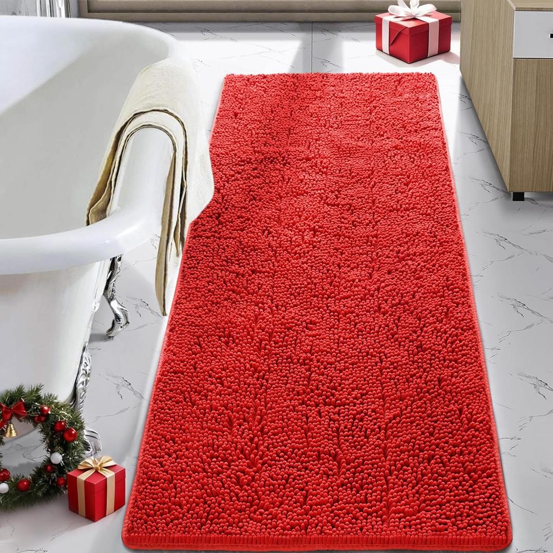 LOCHAS Luxury Bathroom Rug Shaggy Bath Mat 24 x 60 Inch, Washable Non Slip Bath Rugs for Bathroom Shower, Soft Plush Chenille Absorbent Carpets Mats, Red