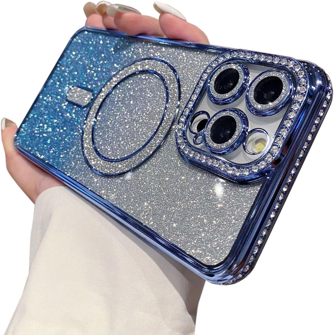 Bling Glitter Phone Case Compatible with iPhone 15 Pro, Wireless Charging Compatible with MagSafe Soft Cover Sparkling Rhinestone Case (Blue)