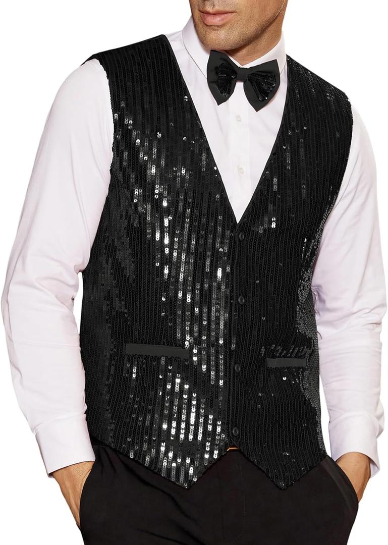 GRACE KARIN Mens Sequin Vest Slim Fit Shiny Dress Waistcoat Bowtie Set for Wedding Prom Party (Medium, Black)