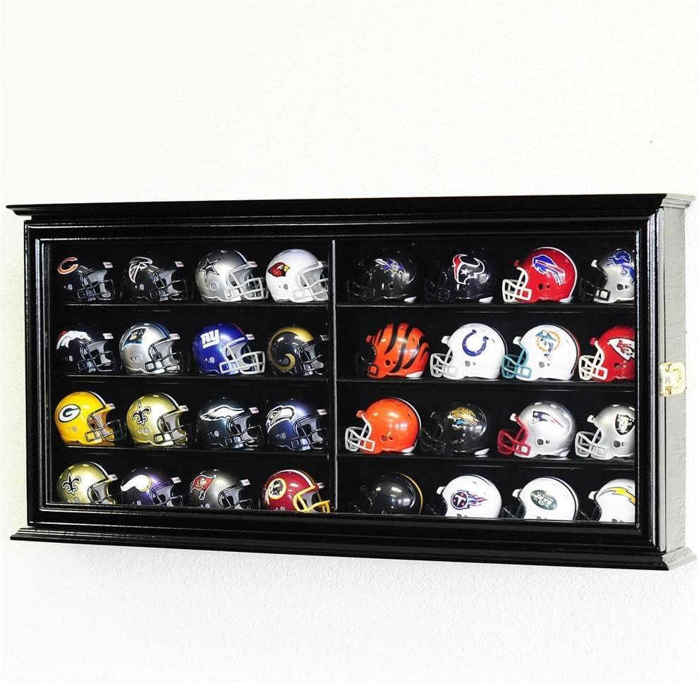 32 Pocket Pro Mini Helmet Display Case Cabinet Holders Rack w/UV Protection, Black, One Size