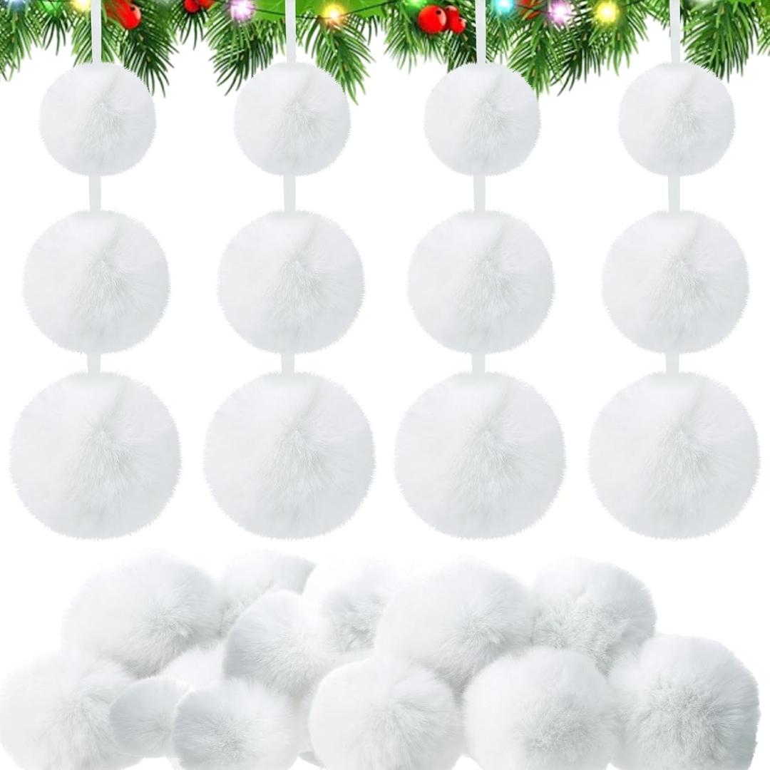 24 Pcs White Furry Christmas Ball Ornaments for Tree 2.36/3.15/3.94 Inches Pom Pom Ball Christmas Hanging Decoration for Party Supplies Fireplace Mantel Wall Decor