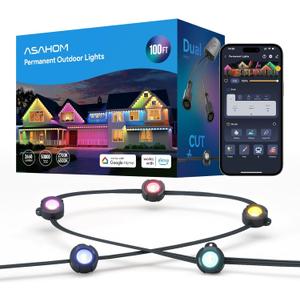 ASAHOM AI Permanent Outdoor Lights S107B, 100FT with 72 RGBCW LED Lights, 30,000 Lighting Effect, Controller with Dual Output, Extend to 800FT, Cuttable for House Outdoor Decor Daily Lighting, Black