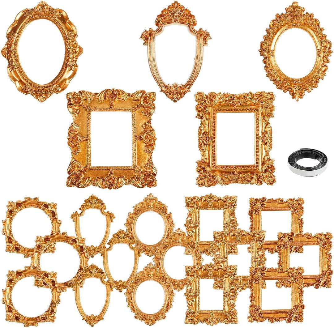 20 Pcs Mini Gold Picture Frames with Magnetic Tape Small Vintage Resin Antique Miniature Tiny Frames DIY Baroque for Photo Jewelry Home Wedding Decor
