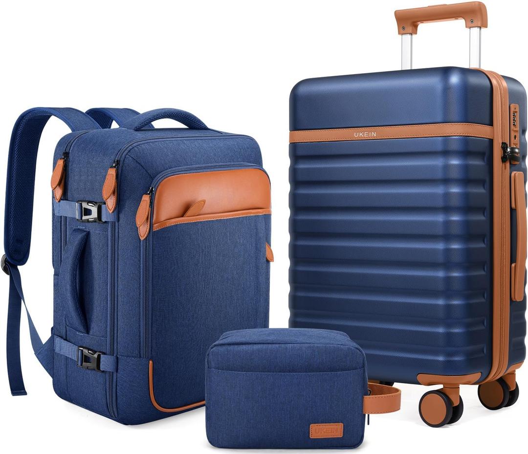 UKEIN Luggage Sets 3 Piece, PC Hardside Large Luggage 24 Inch With Spinner Wheels with TSA Lock, Carry On Suitcase Set With Travel Backpack for Men (Blue, 3 piece set (24inch))