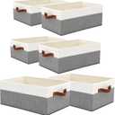 6 Pack Closet Storage Bins, Storage Baskets for Shelves, Linen Closet Organizers and Storage with Leather Handles for Clothes,Towels, Sheets, Jeans, Toys, Books (Grey and White)