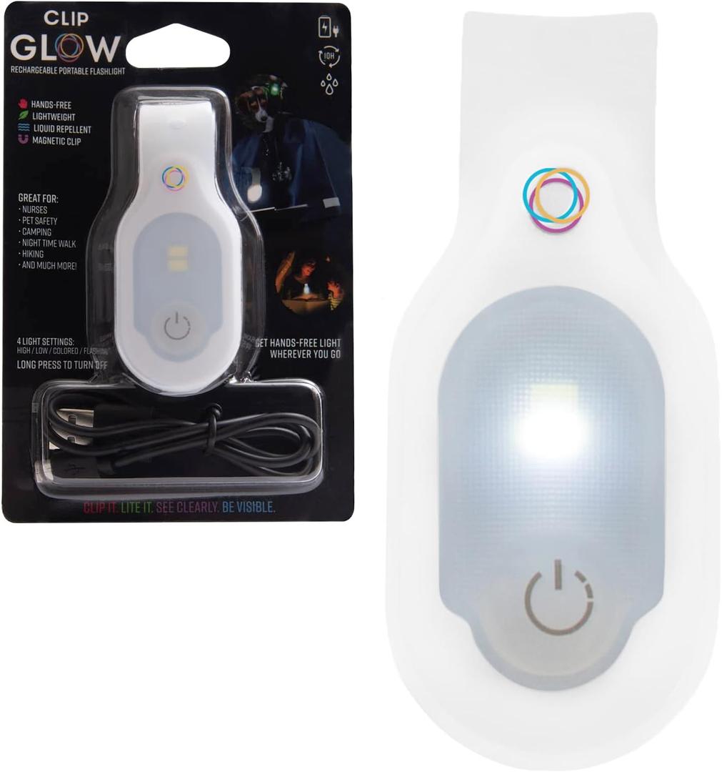 ClipGlow Rechargeable Night Light Nurse Nightshift Hands Free Lightweight Emergency Flashlight for Walking Running Pets Outdoors (White)