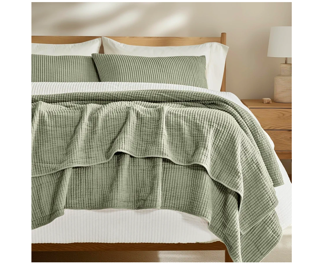 EVERGRACE Cotton Coverlet Set Full Queen Size 3 Pieces, Lightweight Soft Ribbed Matelassé Bedspread Quilt Set, Cozy Oversized Quilted Bedding Set with 2 Pillow Shams for All Seasons, Light Sage Green
